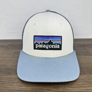 Patagonia Hat Cap Snap Back Mens Blue White Gray Trucker Mesh Logo Embroidered